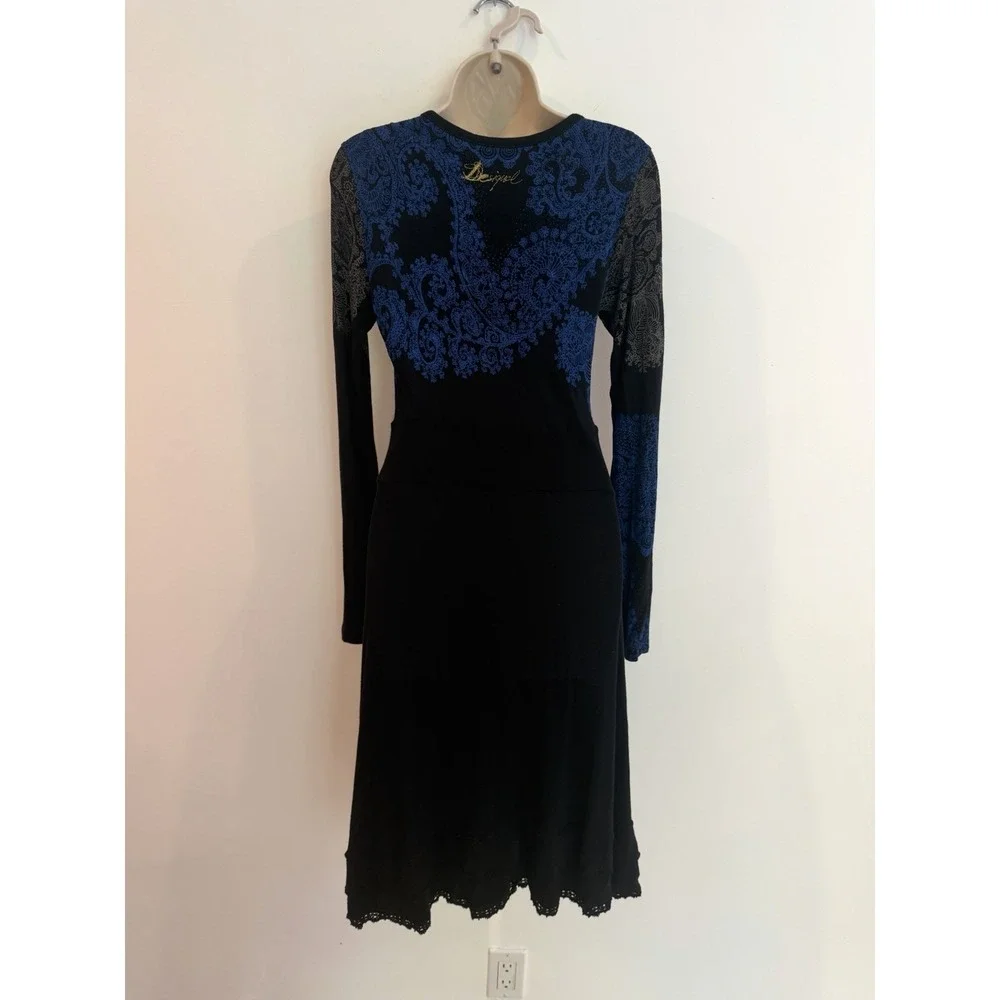 Desigual Y2K Dress Black Paisley Sz M Embroidered Long Sleeve Whimsigoth Euro - Picture 8 of 9